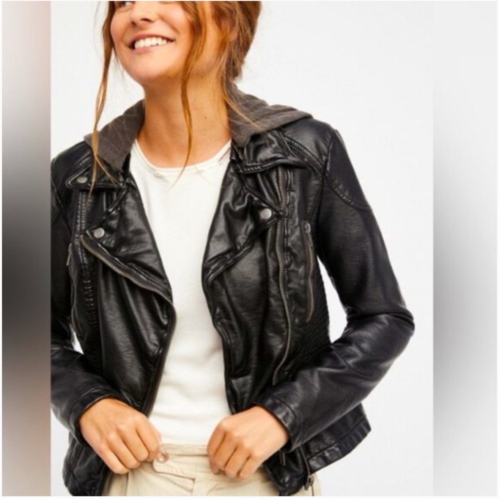 Free People Black Vegan Leather Moto Jacket (without removable hood)